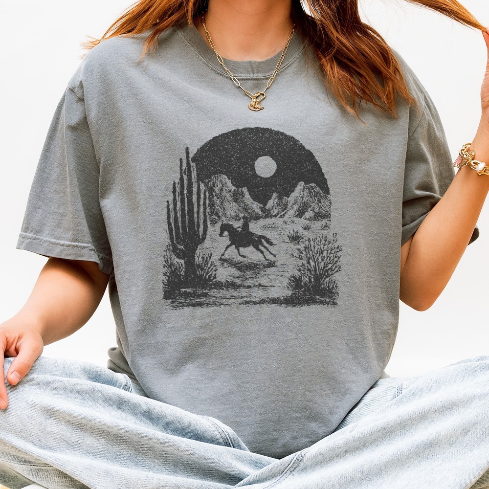 Desert Horse Graphic Tee Woodcut Style Black and White Art Shirt